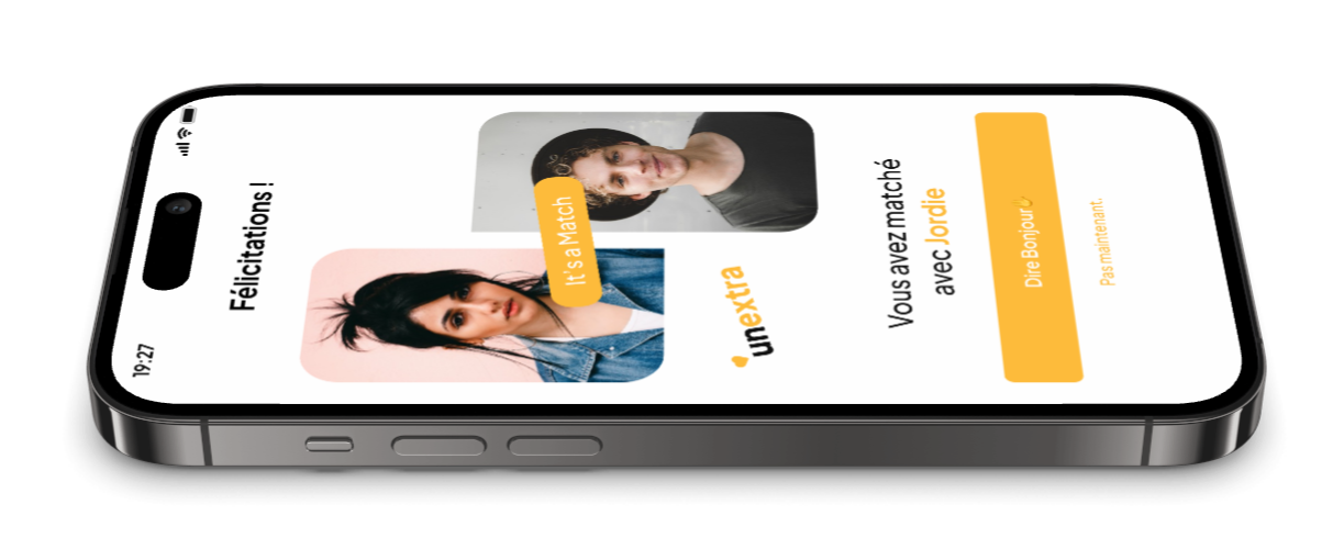 A mobile phone displaying an image representing a woman and a man, suitable for a recruiter in the catering sector or Un Extra.